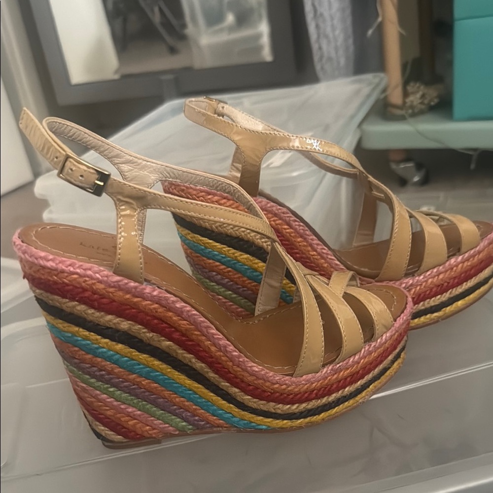 Kate Spade Multi Color Tan Patent Leather Wedge Espadrilles Size 5.5